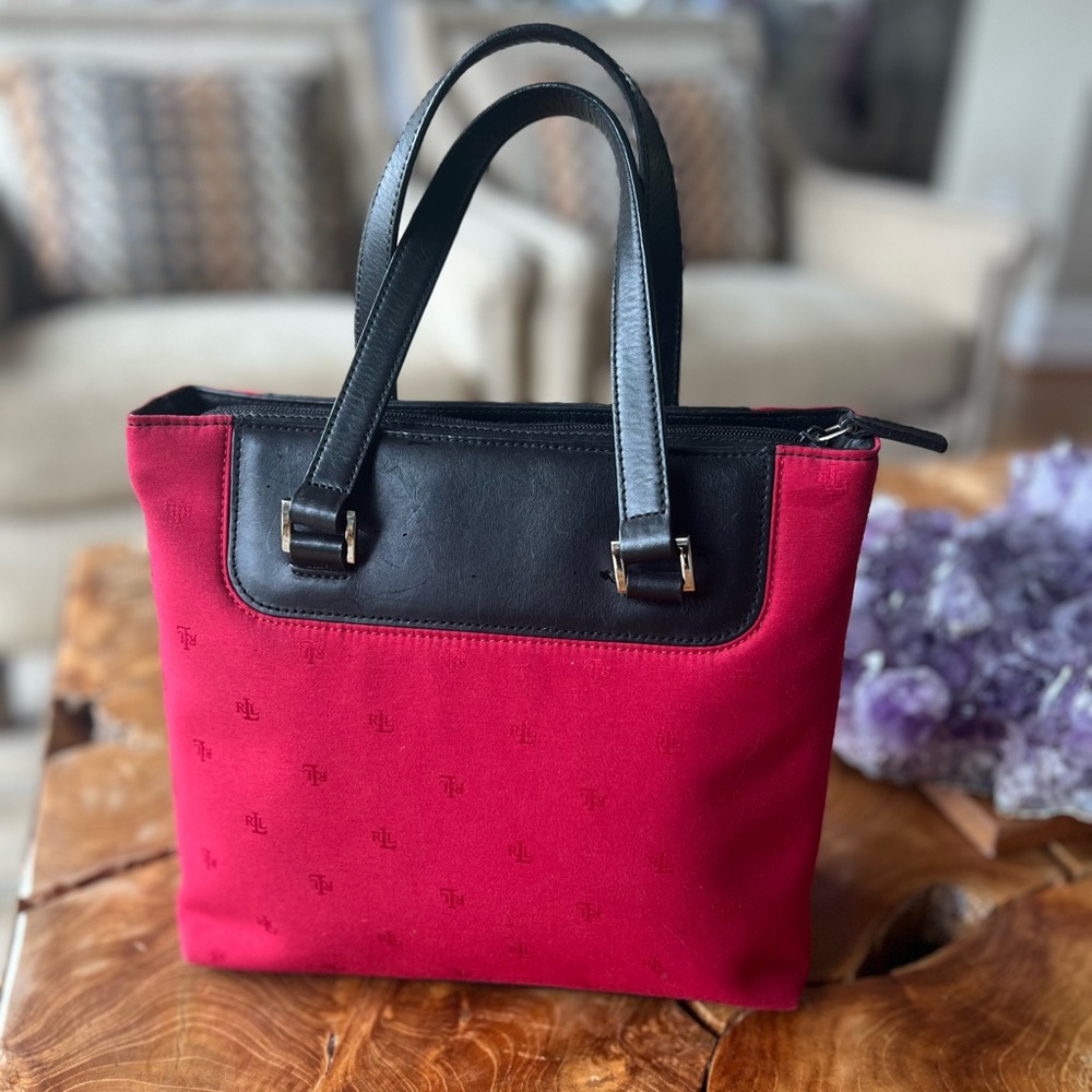 Ralph Lauren Red & Black Leather and Canvas purse/tote with RalphLauren Logo LRL